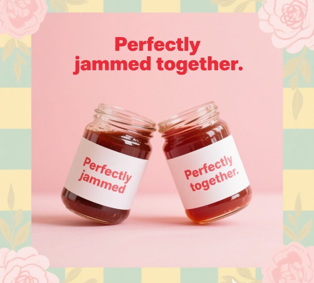 An assortment of jam jars snugly fitted together, creatively illustrating a lighthearted jam pun idea.