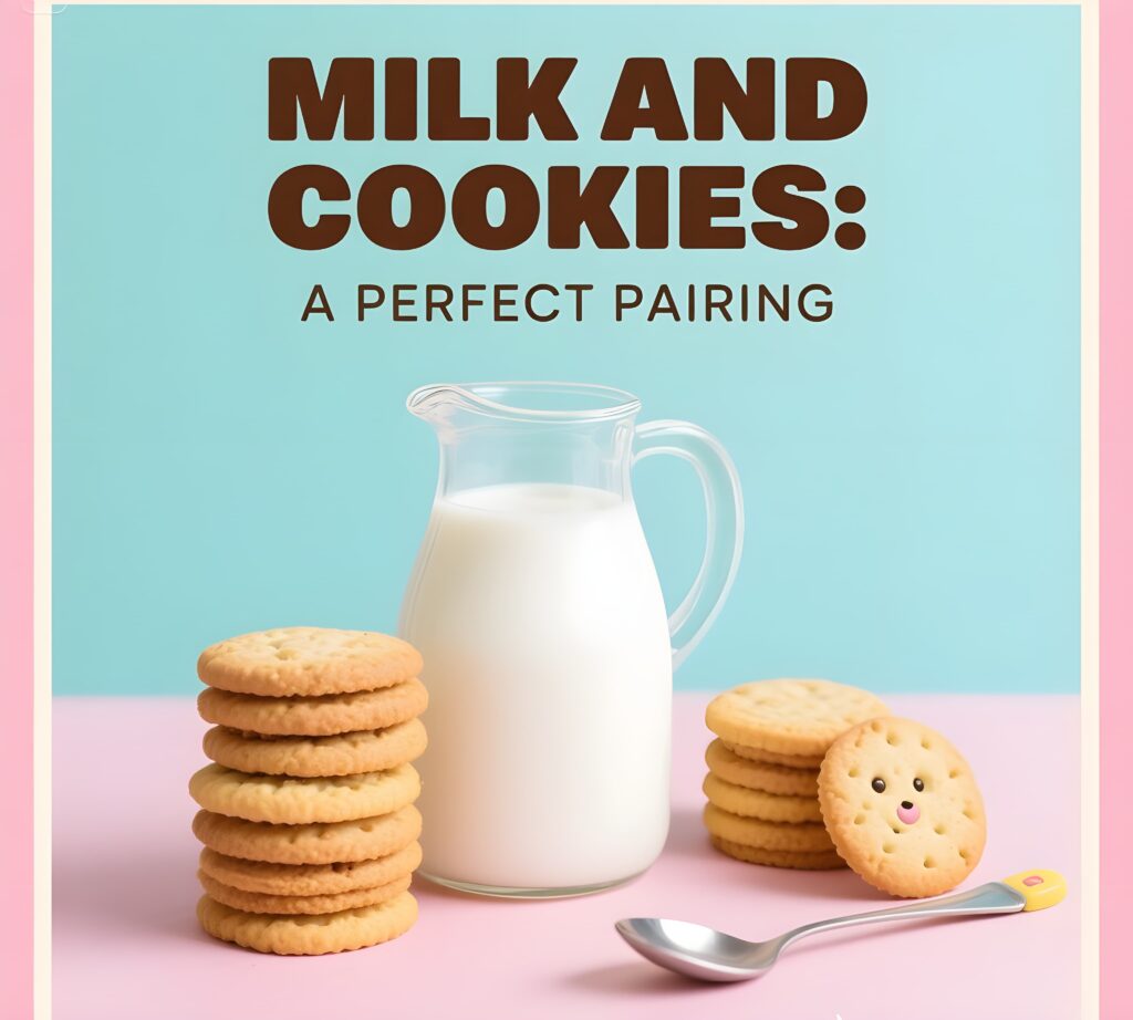 A cozy setup of milk and cookies, showcasing the classic pairing with a playful nod to milk puns.