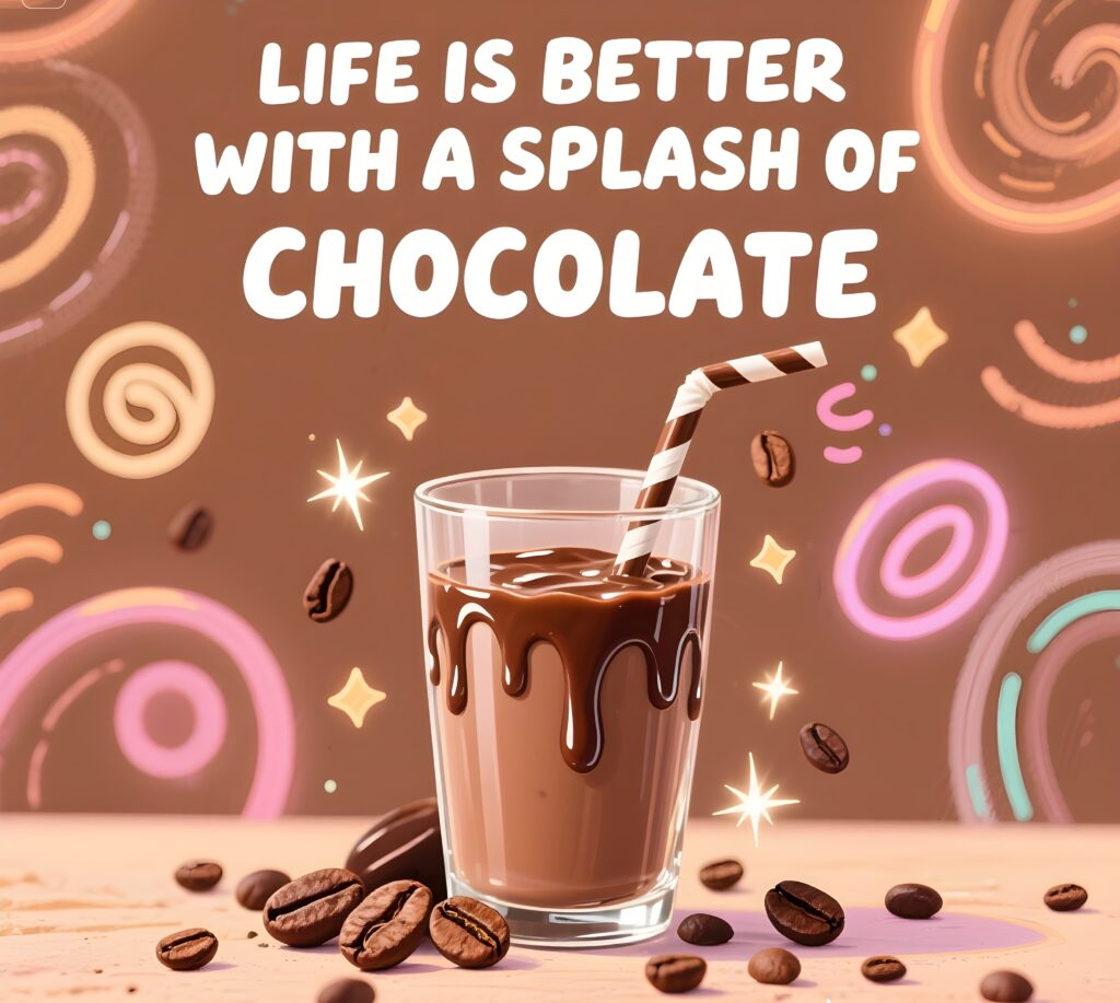 An artistic depiction of chocolate splashes, accompanied by the saying "Life is better with a splash of chocolate" and milk puns