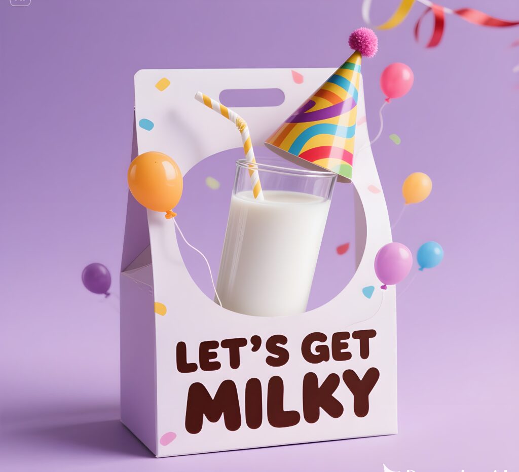 A festive birthday party scene featuring milk-themed decorations and playful milk puns on banners and cake.