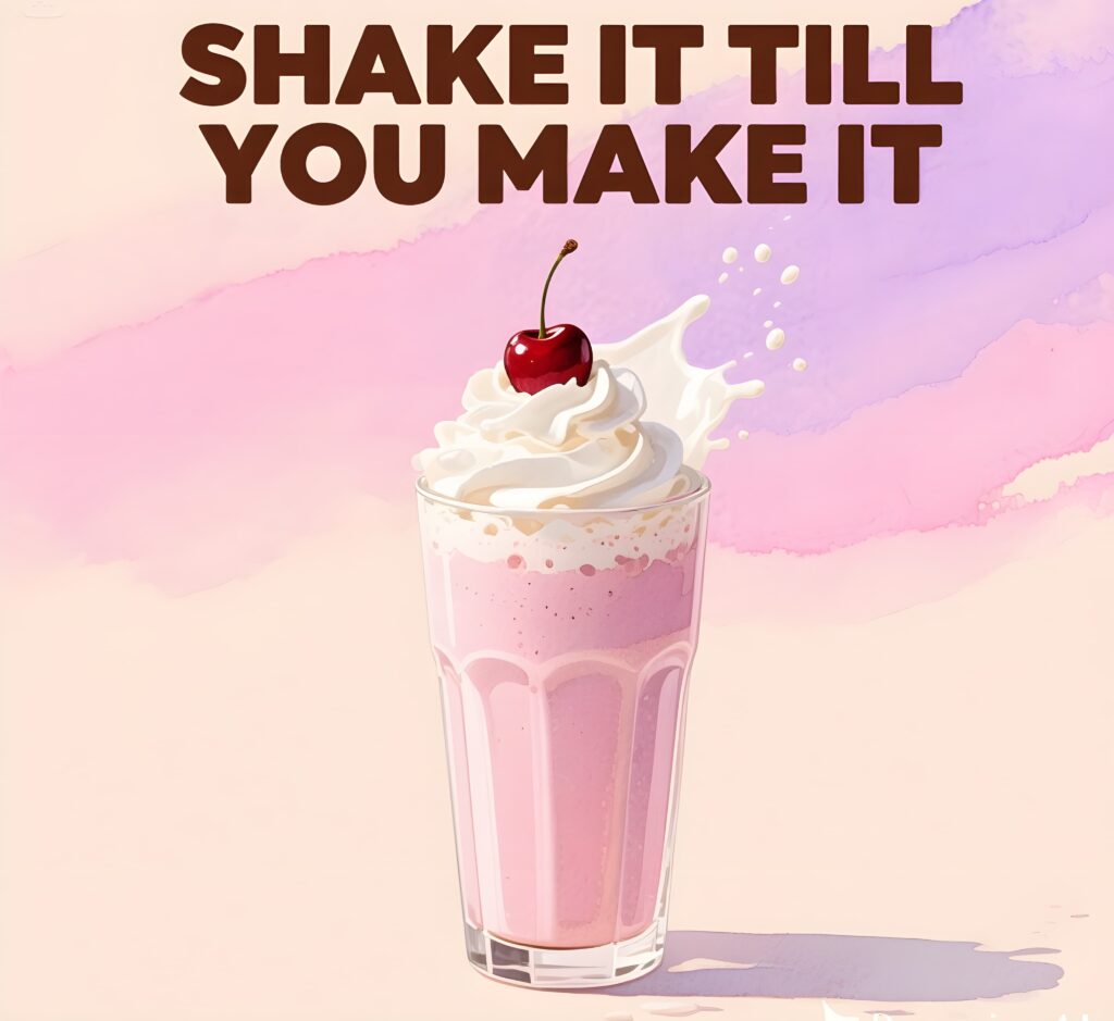Vibrant milkshake graphic featuring the phrase "Shake it till you make it" alongside whimsical milk puns.
