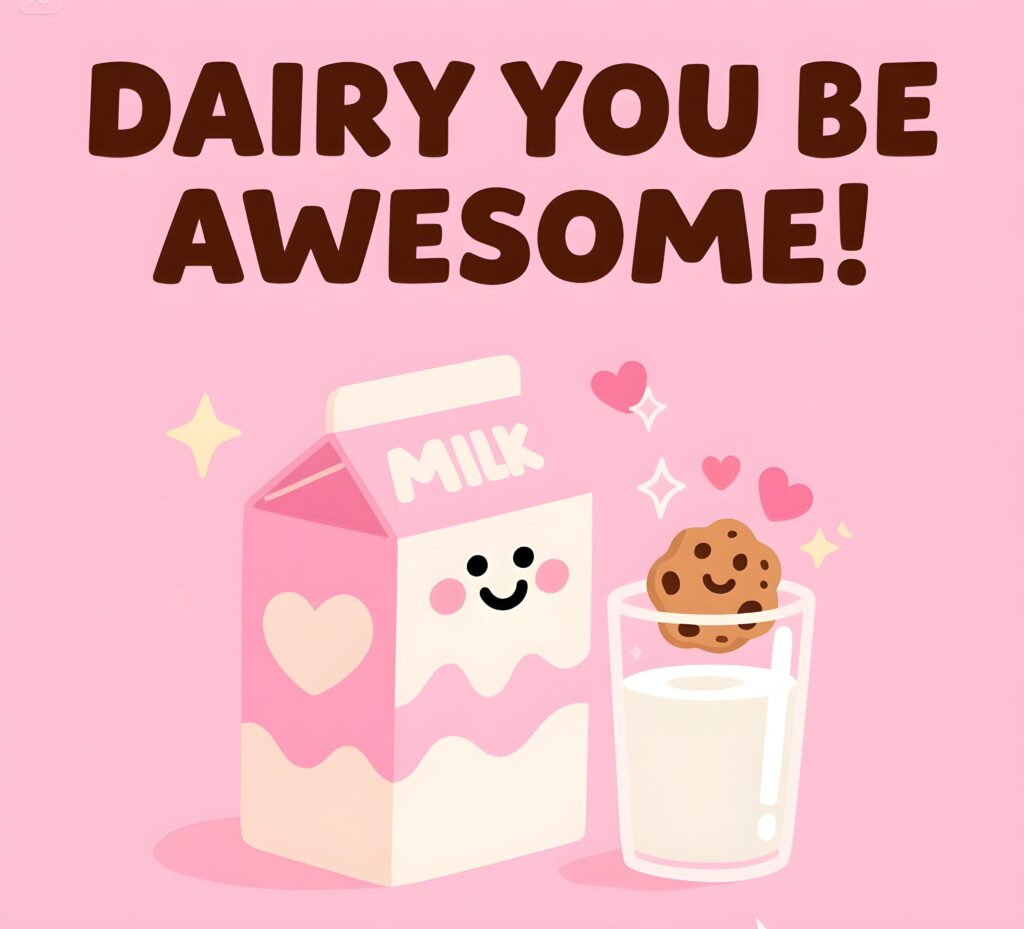 Fun graphic with the phrase "Dairy you be awesome" featuring playful milk-themed illustrations and puns.