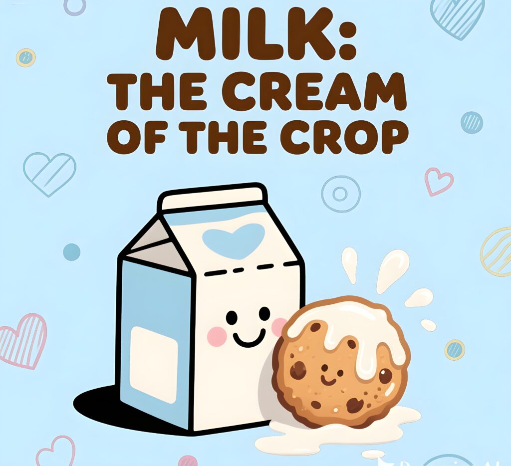 A cartoon cow humorously saying, "Milk the cream of the crop," surrounded by milk-related puns and graphics.
