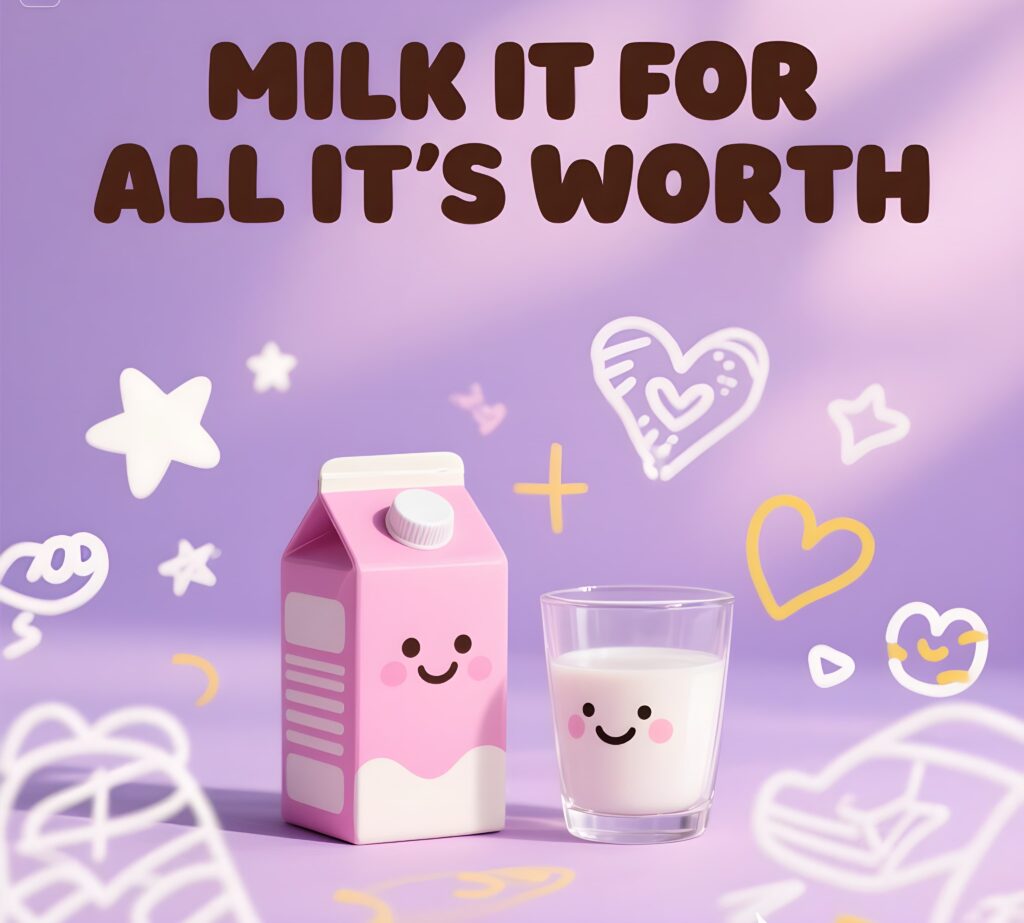 A fun image of a cow with a cheeky grin, captioned "Milk it for all it's worth!" showcasing milk puns.