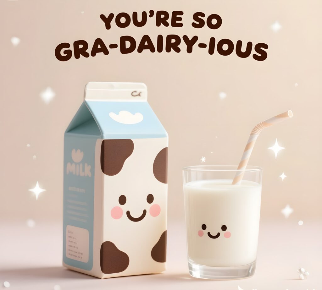 A playful milk pun saying "you're so grr-dairy-ous" with a fun, cartoonish design featuring cows and milk splashes