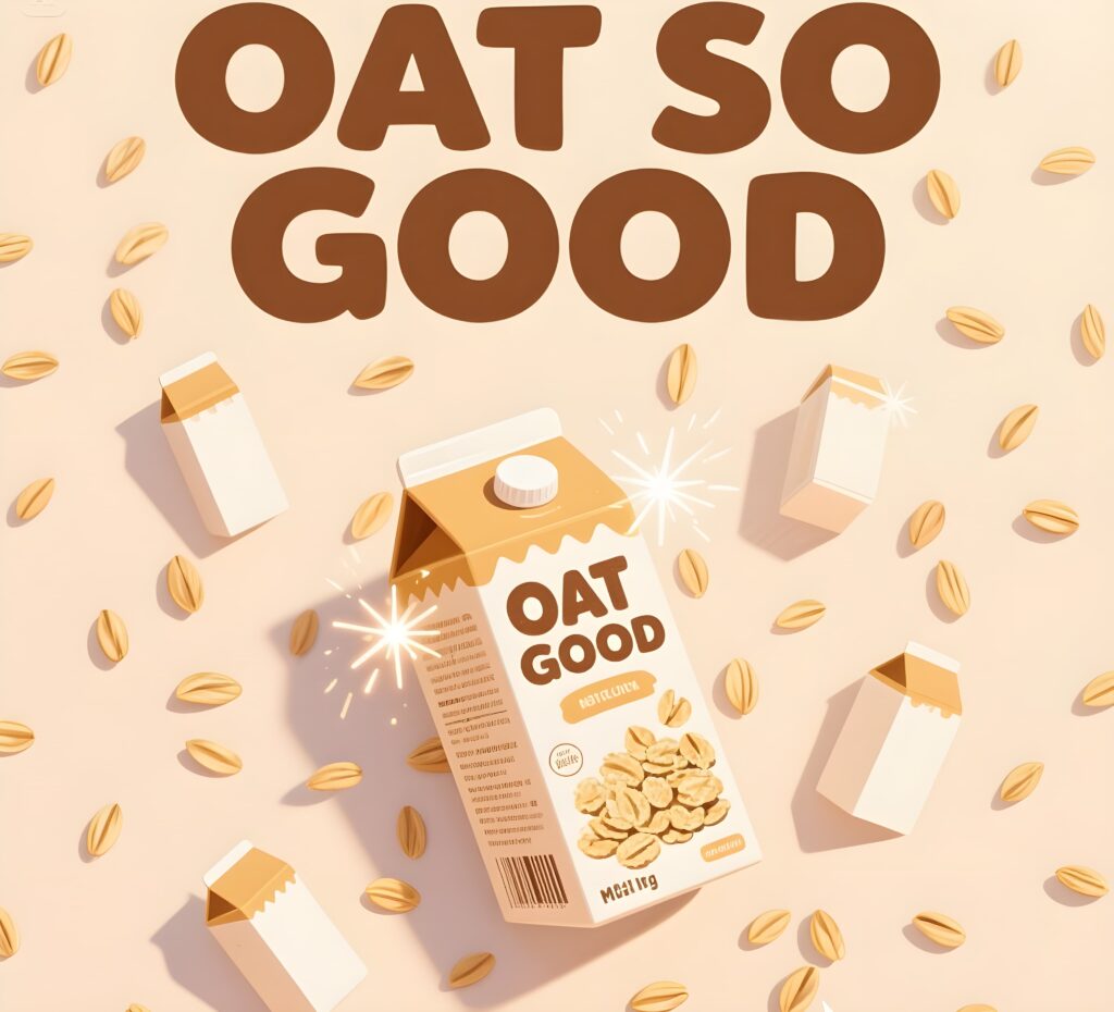 Oat So Good cereal box with cereal and milk, featuring playful milk puns, set against a light background.
