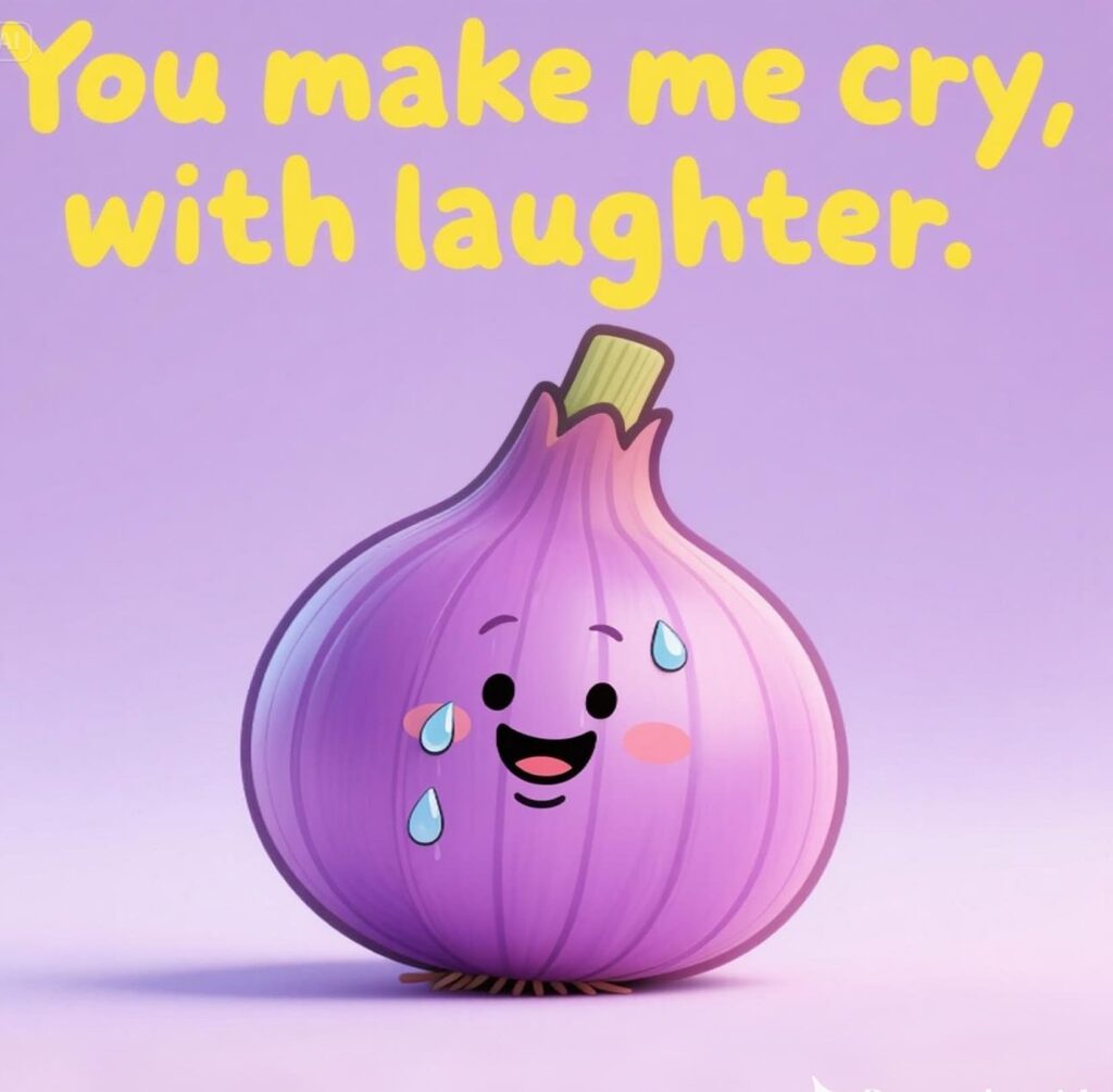 A cartoon onion with a smiling face, laughing so hard it cries, surrounded by humorous onion puns.