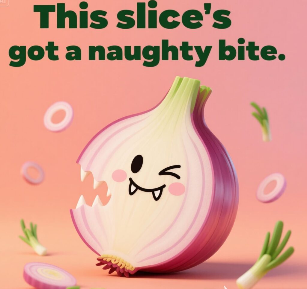 A cheeky onion slice with a naughty bite, showing a playful and funny twist on onion puns.
