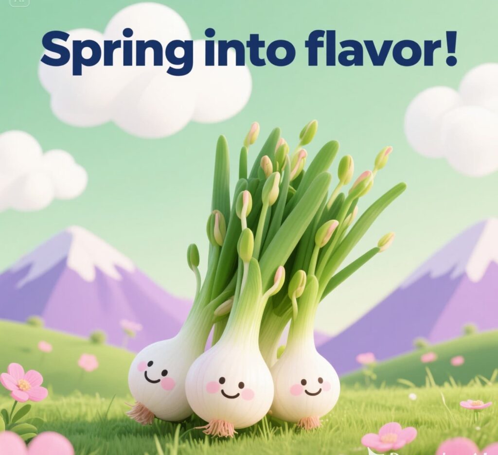 A playful graphic of an onion with Spring into flavor and fun onion puns.