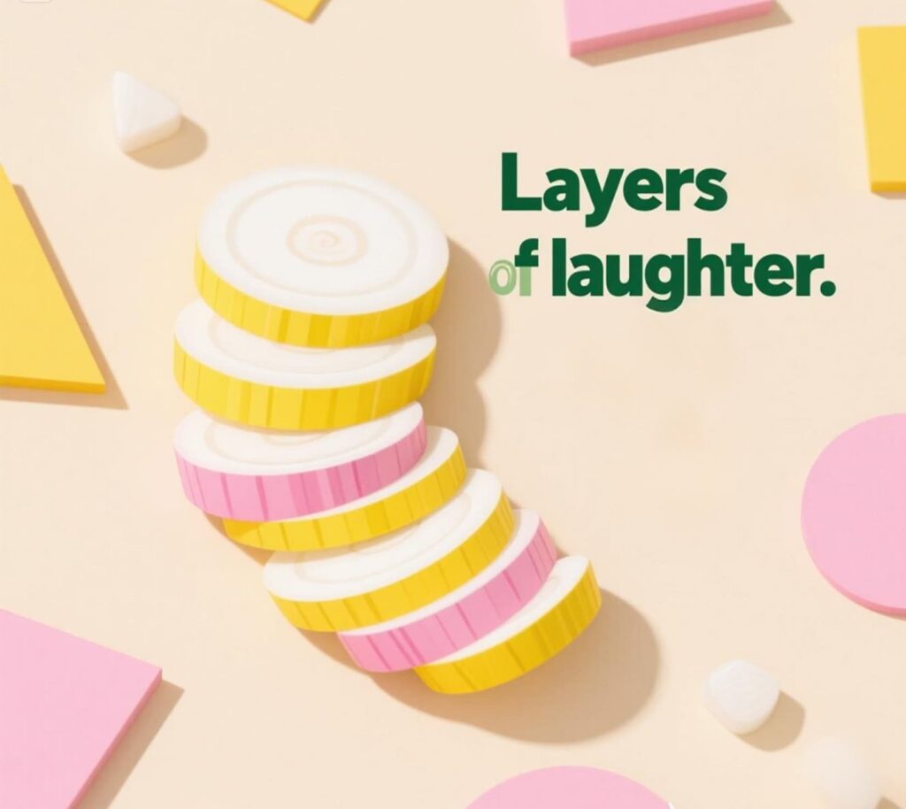 An artistic onion design with onion puns layered inside, bringing laughter, smiles, and joy