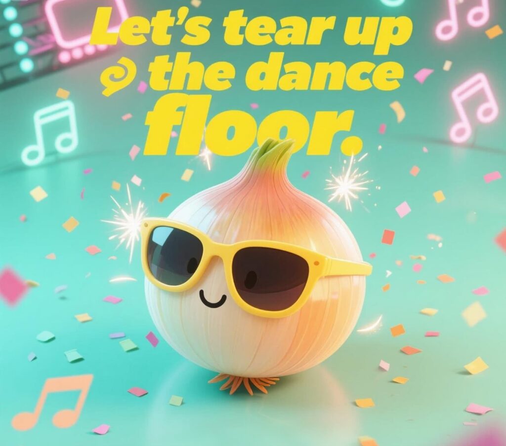 A cool onion in sunglasses with onion puns saying Letโs tear up the dance floor