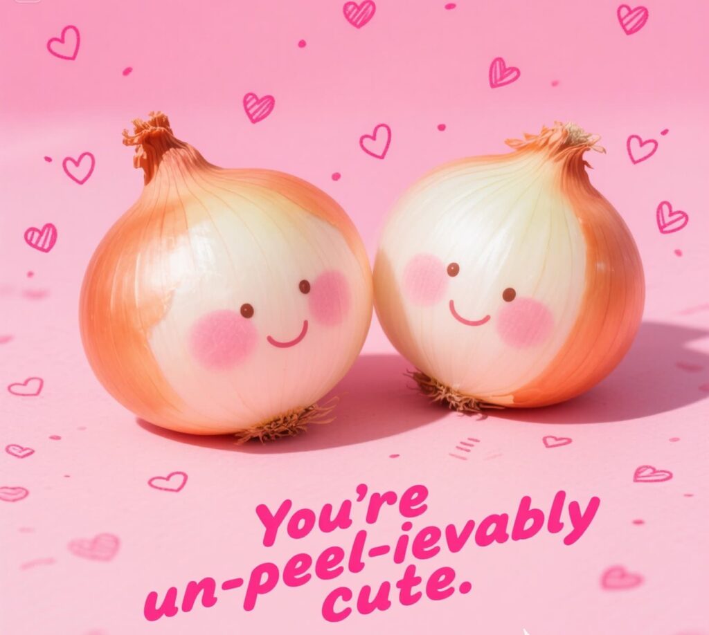 A cute cartoon onion with a smiling face and onion puns saying Youโre un-peel-jealously cute