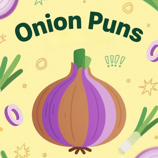 Humorous illustration featuring various onion puns showcasing playful wordplay related to onions.