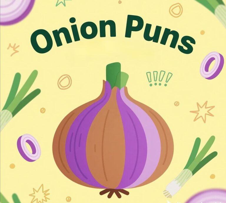 Humorous illustration featuring various onion puns showcasing playful wordplay related to onions.