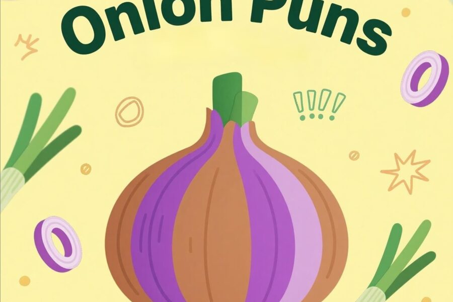 Humorous illustration featuring various onion puns showcasing playful wordplay related to onions.