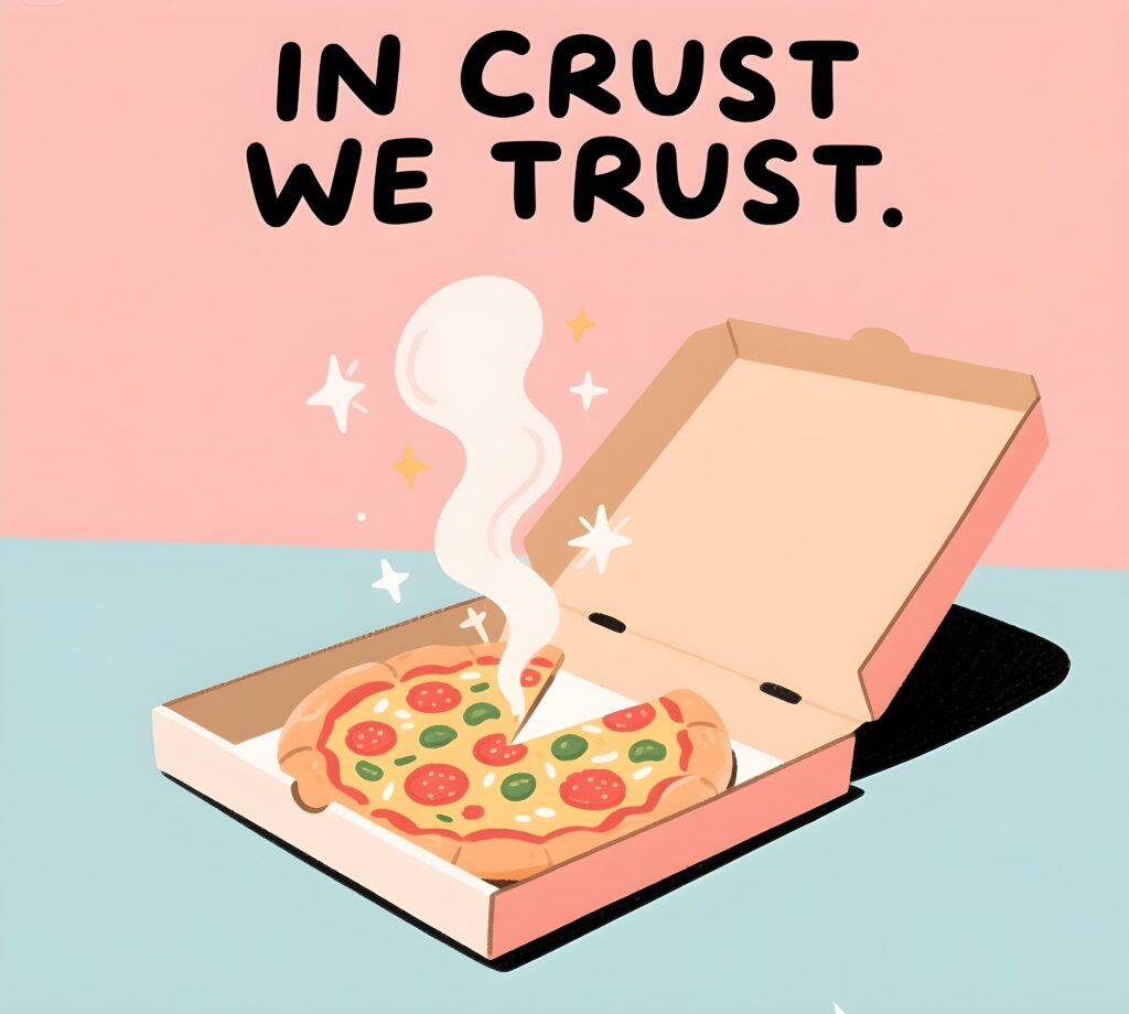 Fun pizza pun graphic featuring the phrase "in crust we trust" with a playful design.