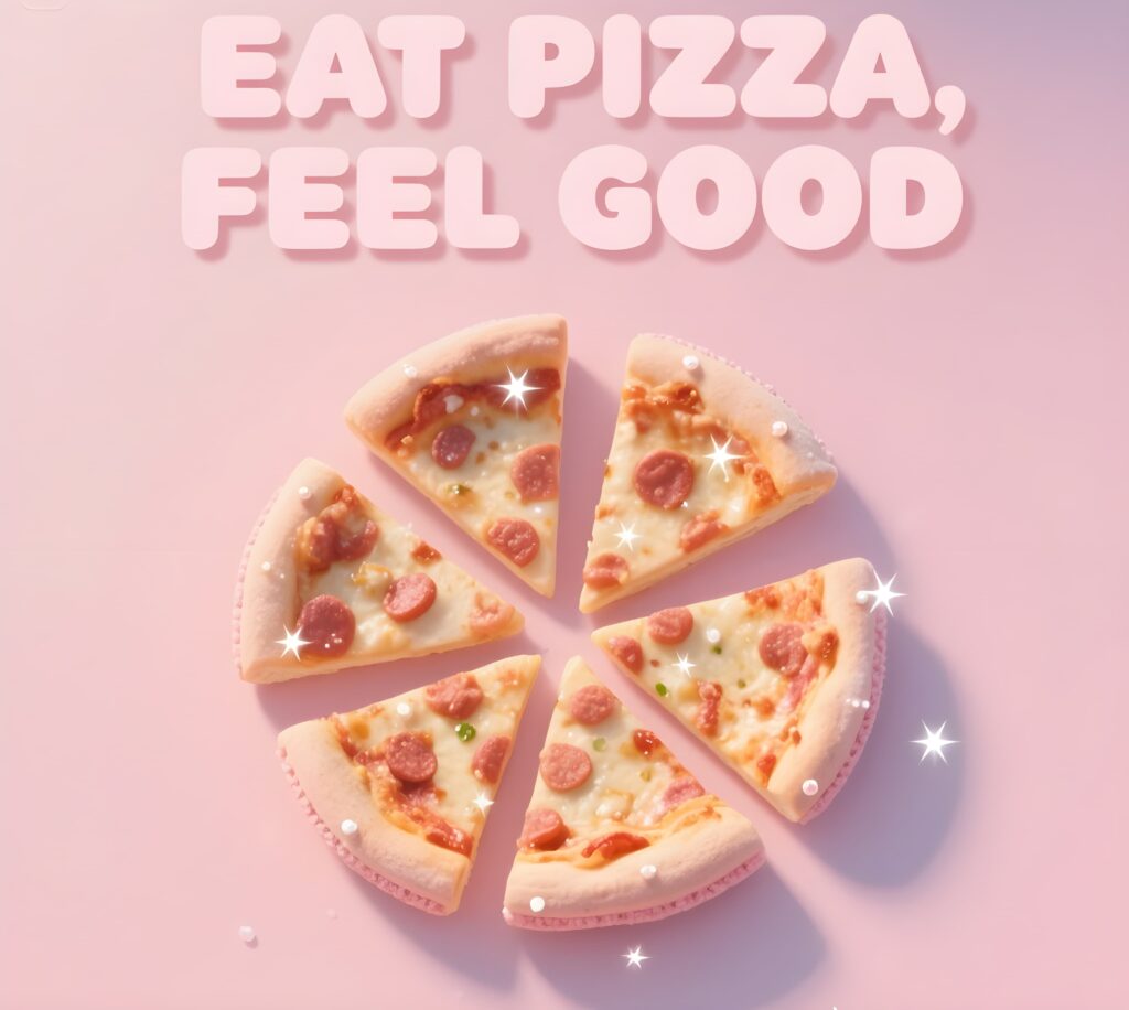 A cheerful pizza slice with fun puns, promoting the joy of eating pizza and feeling great.