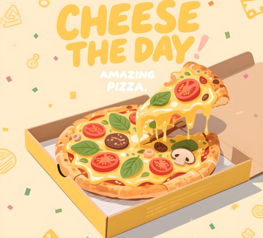 Pizza illustration with the phrase "cheese the day," showcasing a fun take on pizza puns and good vibes.