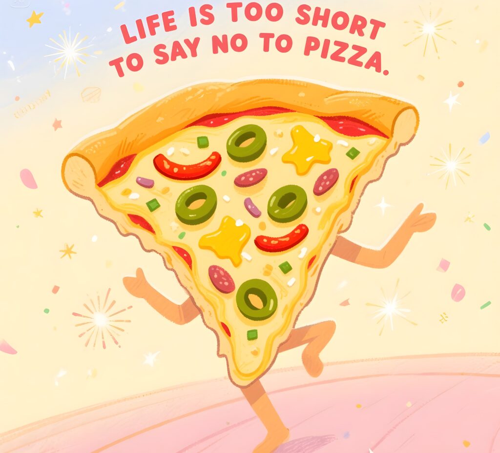 Fun pizza pun illustration with the text: "Life is too short to say no to pizza" in vibrant colors.