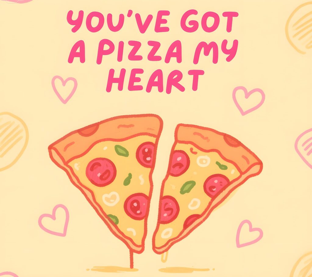 A heart-shaped pizza topped with various ingredients, captioned "You've got a pizza in my heart," showcasing pizza puns.