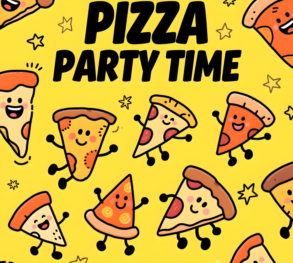 Fun pizza party poster displaying different pizza styles and clever puns, setting the mood for a delicious celebration.