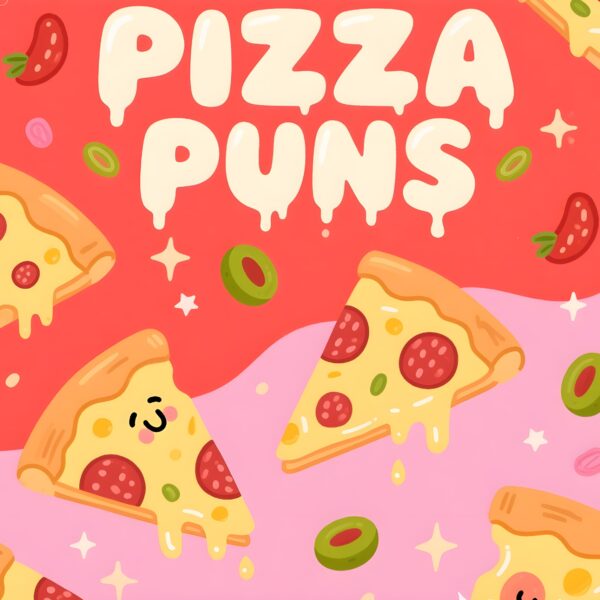 Cute illustration of pizza slices featuring playful pizza puns and vibrant colors.