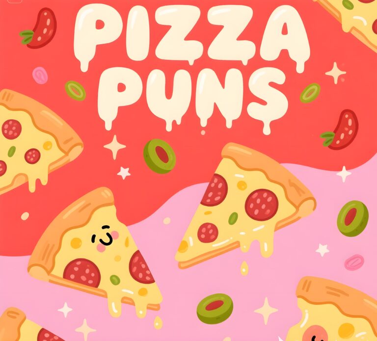 Cute illustration of pizza slices featuring playful pizza puns and vibrant colors.