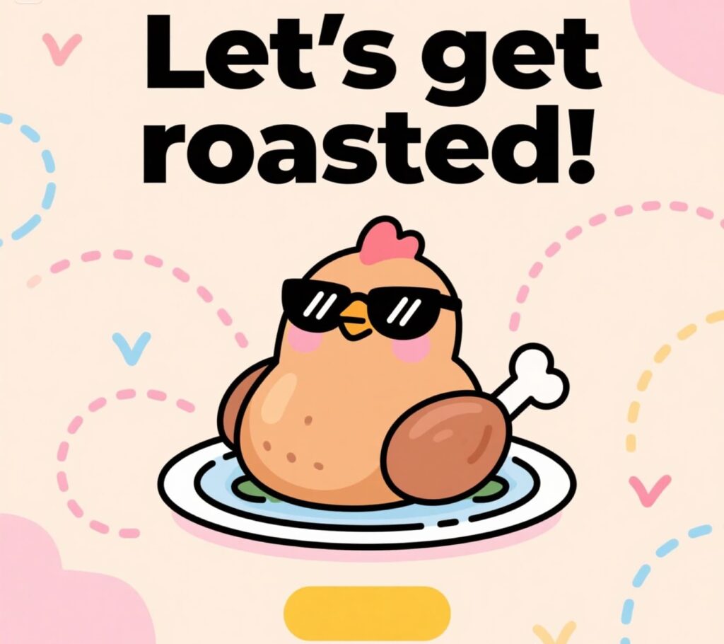 Colorful game art showcasing a cartoon chicken, surrounded by roast puns, promoting a humorous roasting game.
