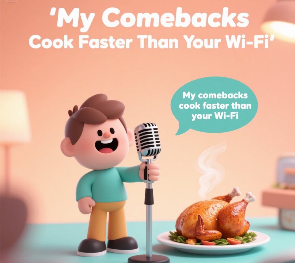 A humorous roast pun: "My comebacks cook faster than your WiFi," with a playful kitchen background.