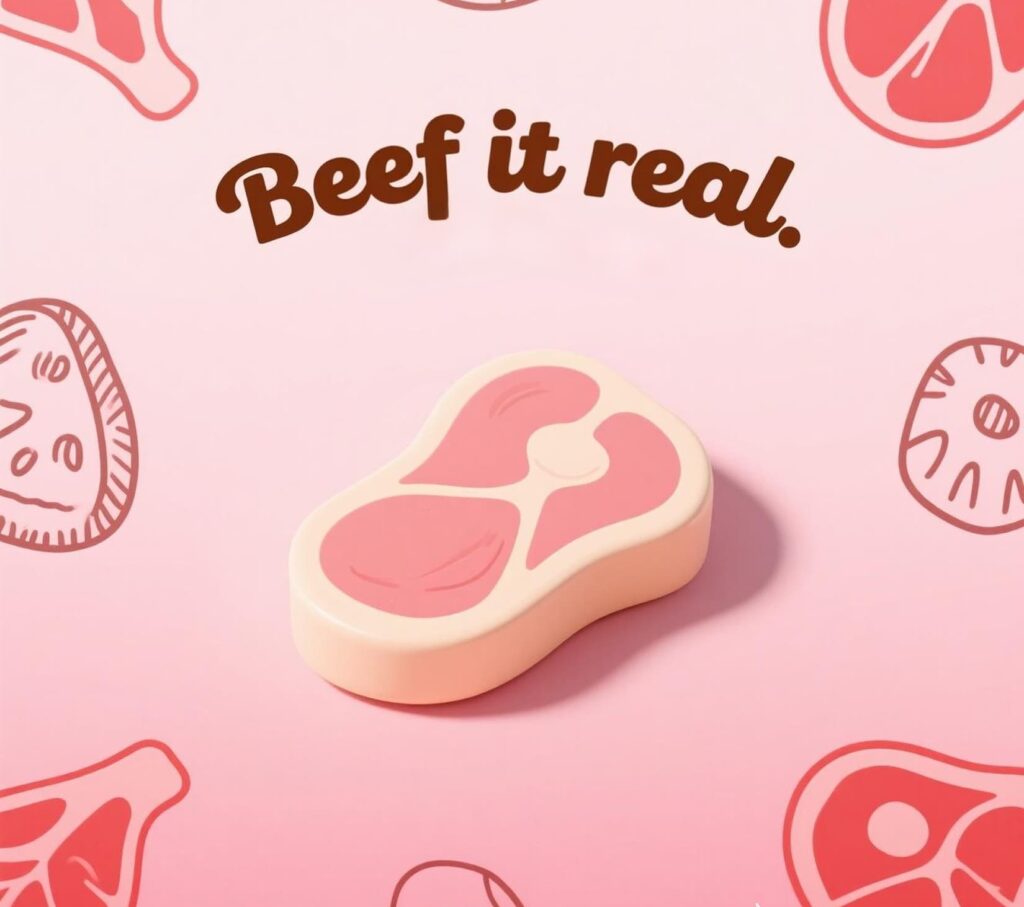 A juicy beef roast with a playful caption, "beef it real - meaty, juicy, and delicious," featuring roast puns.