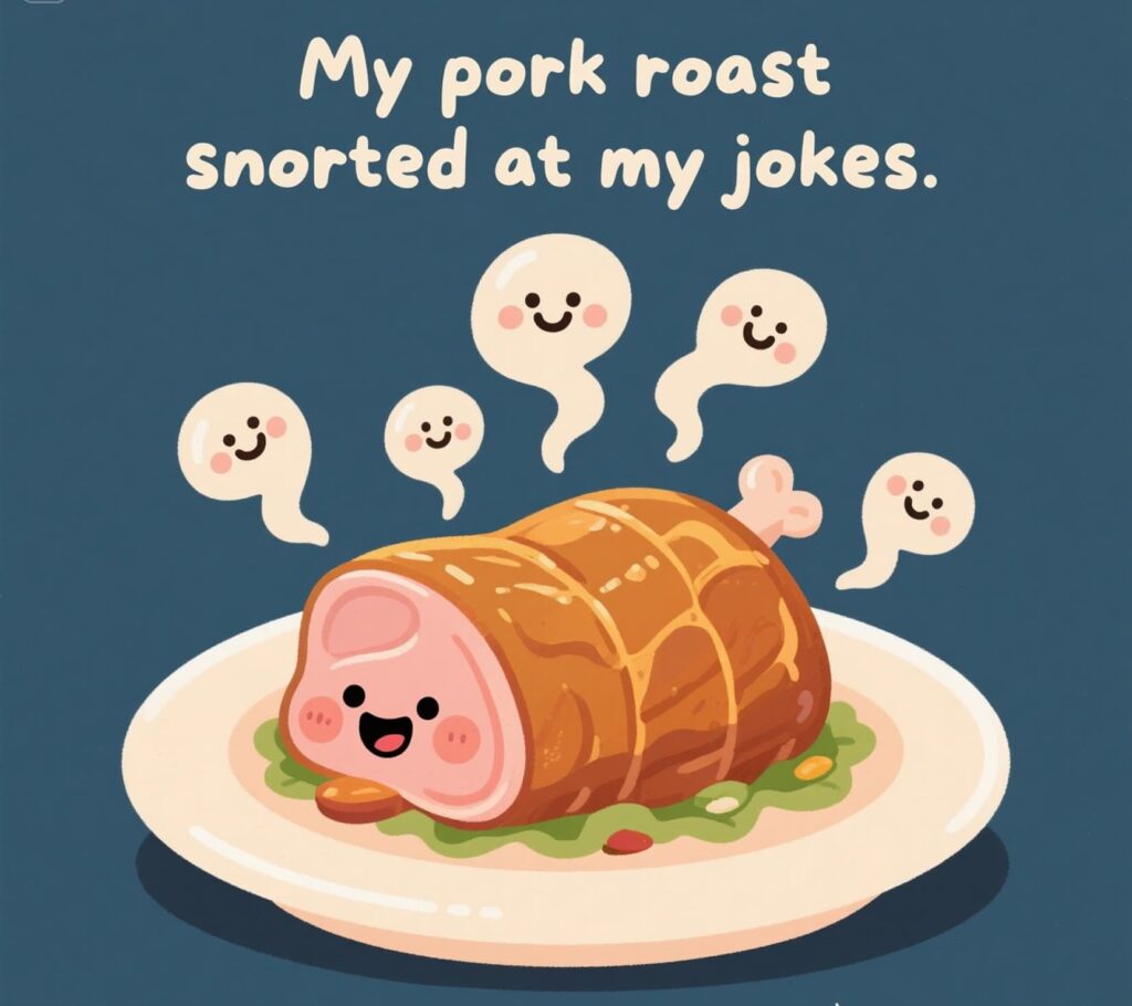 A comical pork roast with a smile, featuring roast pun decorations in a cozy kitchen atmosphere.