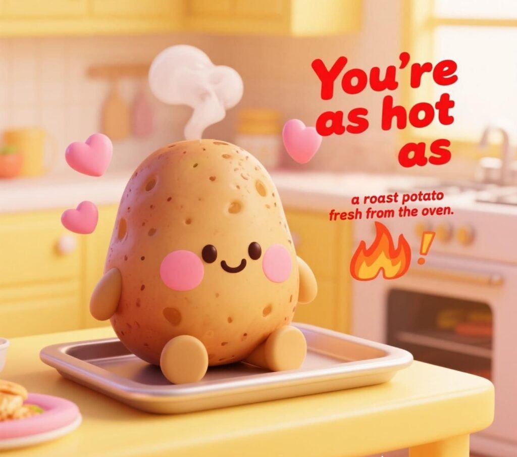 A cute potato with a heart design is placed on a tray, inviting playful roast puns and a dash of affection.