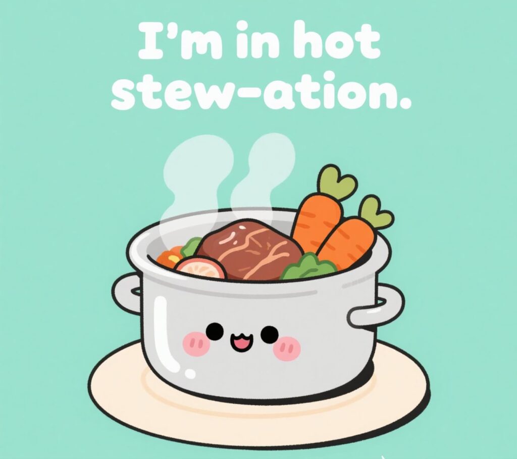 Playful scene of a person stirring a bubbling stew, surrounded by roast pun signs and kitchen utensils.