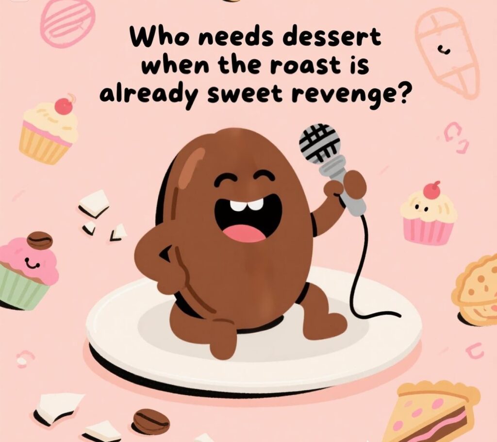 A humorous roast pun: "Who needs dessert when the roast is already sweet revenge?" with a playful tone.