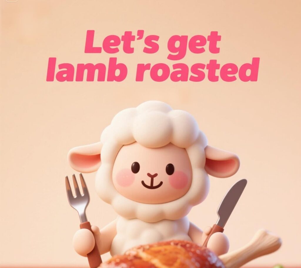 A sheep with a fork and knife sits before a plate of lamb, playfully preparing for a pun-filled roast dinner.