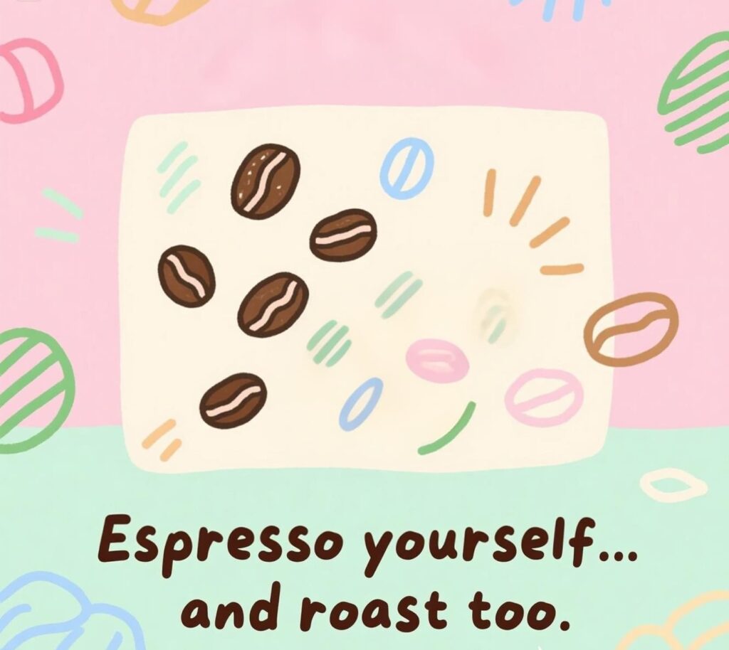 A playful graphic featuring the phrase "Together, we roast the world" with fun roast puns and vibrant colors.