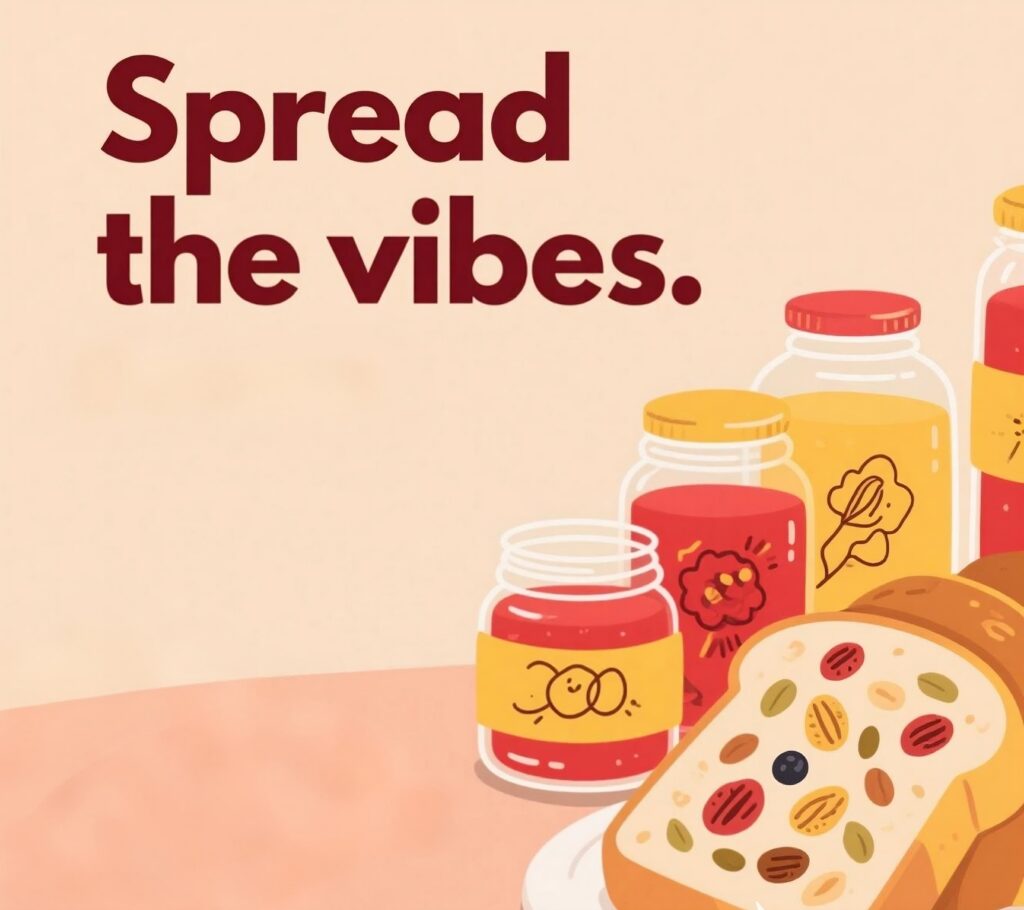 Vibrant image displaying "Spread the vibes - spread the love," incorporating fun jam puns and a lively, upbeat aesthetic.
