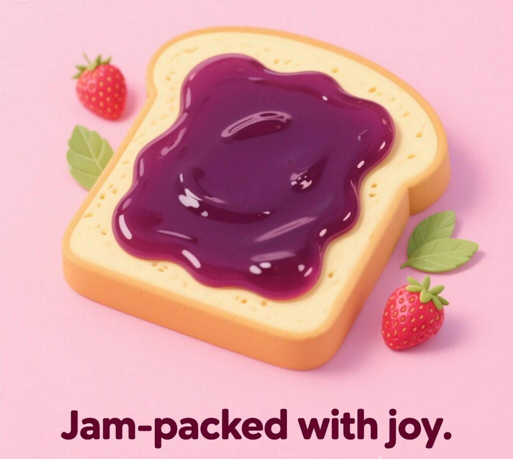 A joyful jar of jam brimming with fruit, accompanied by lighthearted jam puns, capturing a fun and happy vibe.